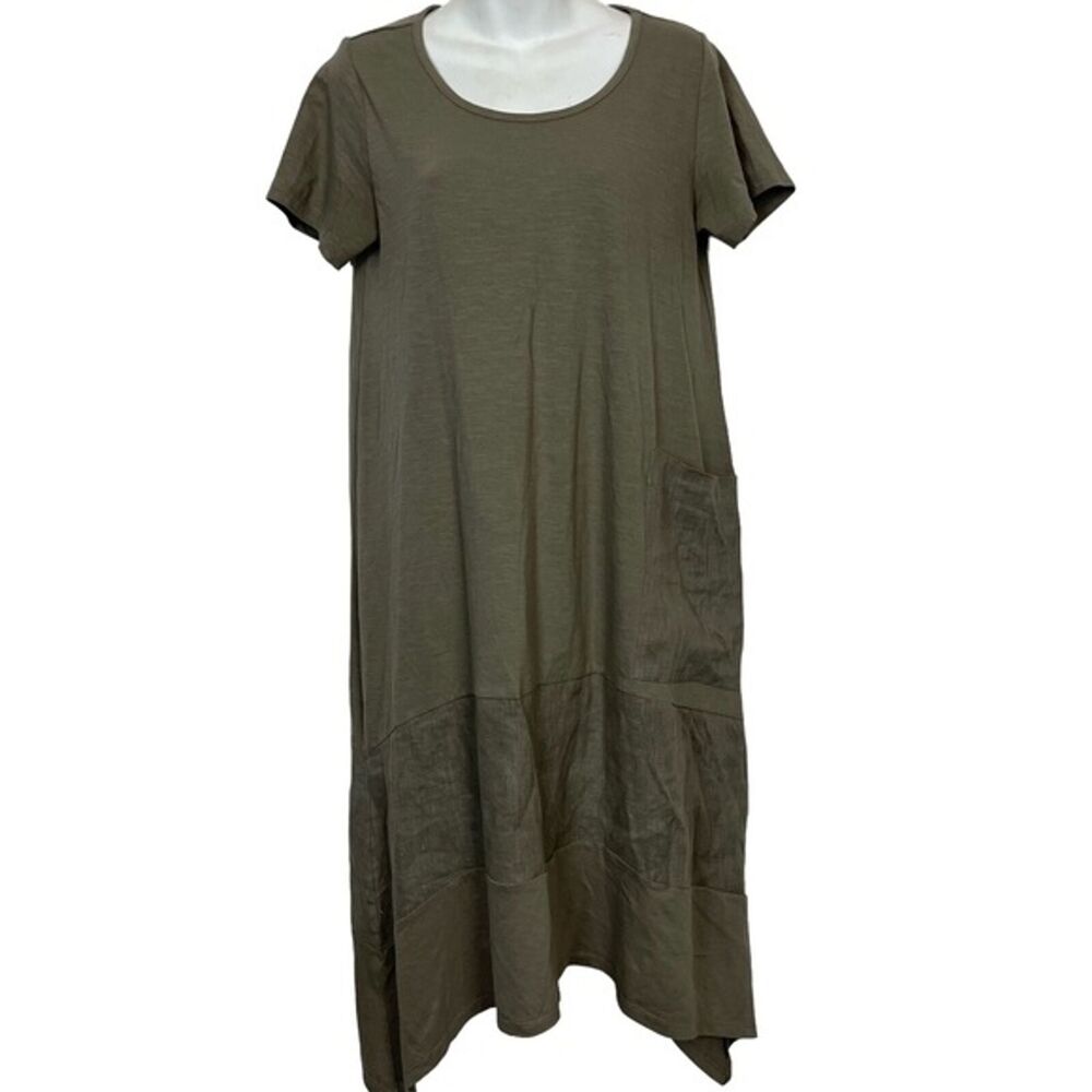 Soft Surroundings Green Short Sleeve Linen Cotton Asymmetric Dress Lagenlook S